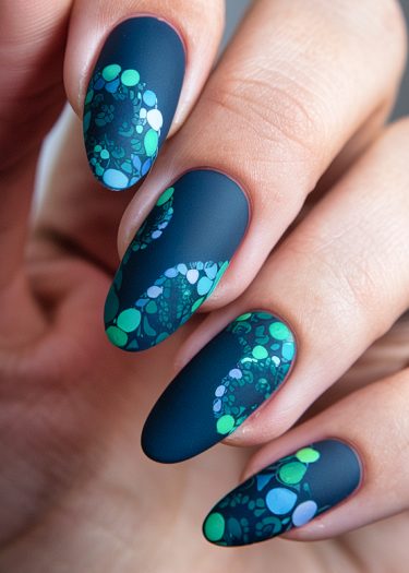 Elegant deep blue matte nails with intricate colorful patterns for a sophisticated manicure look.