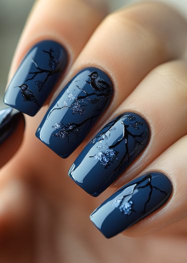 Elegant deep blue nail art with bird silhouettes and shimmering accents for a tranquil look.