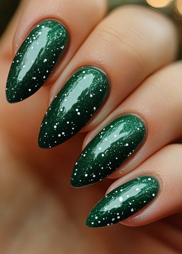 Elegant almond-shaped deep emerald green nails with shimmering dots for a chic manicure design.