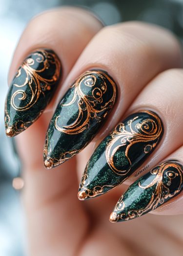 Exquisite deep emerald green nails with intricate gold baroque designs for elegant nail art.