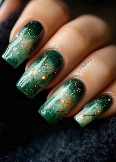 Deep green cosmic nail art with golden constellations and a glossy gradient finish.