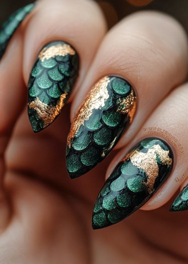 Stunning dragon-scale nail art features deep green with gold accents on stiletto tips.