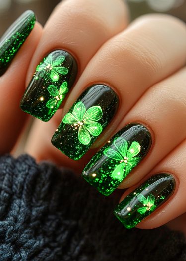 Elegant dark green floral nail art with shimmering polish and intricate glowing flowers.