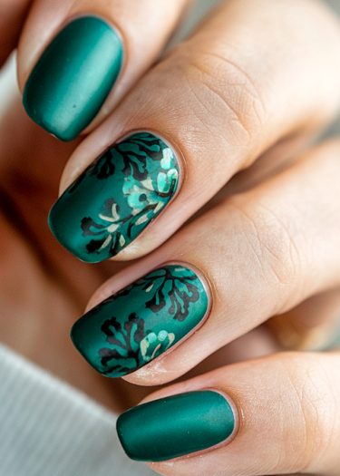 Elegant deep teal matte nails with intricate floral designs for a sophisticated manicure.