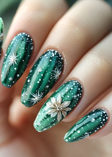 Festive deep green nail art featuring elegant white and beige floral designs for the holiday season.