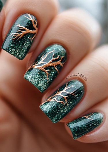 Elegant deep green glitter nail art with copper tree branches, perfect for any occasion.