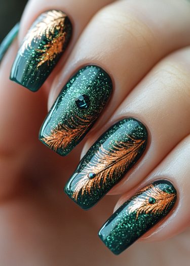 Luxurious deep green glitter nails with gold feather designs and dark rhinestone accents.