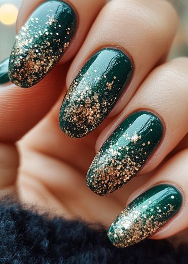 Elegant deep green manicured nails with gold glitter for a glamorous look.