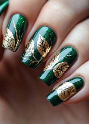 Elegant deep green nails with intricate gold leaf designs showcase exquisite nail art.