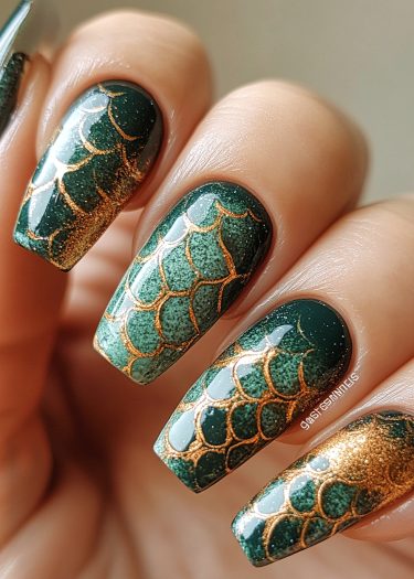 Elegant ombre green nail art with gold scale design, perfect for luxurious manicures.