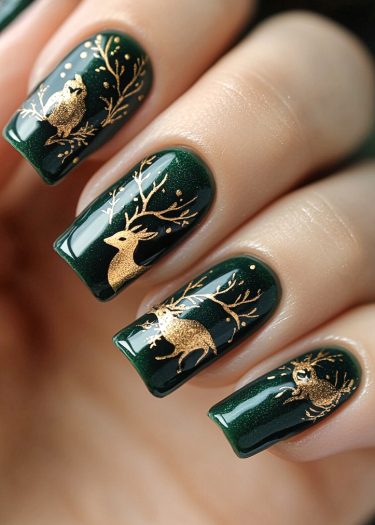 Elegant deep green and gold forest-themed nail art featuring woodland creatures and intricate designs.