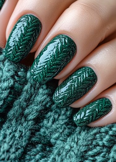 Intricate deep green knitted nail art with a cozy fabric design and glossy finish.