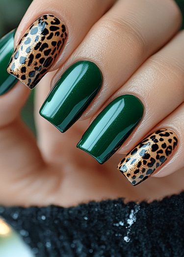 Stylish deep green and cheetah print nail art on manicured hand.