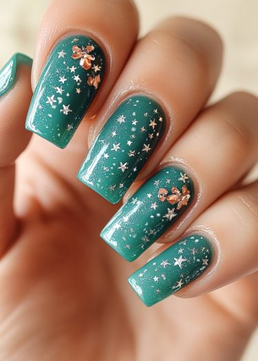 Stunning teal nail art featuring sparkling silver stars and copper floral accents.