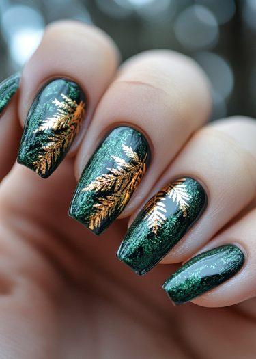 Elegant deep green nails featuring intricate gold leaf designs for a luxurious manicure.