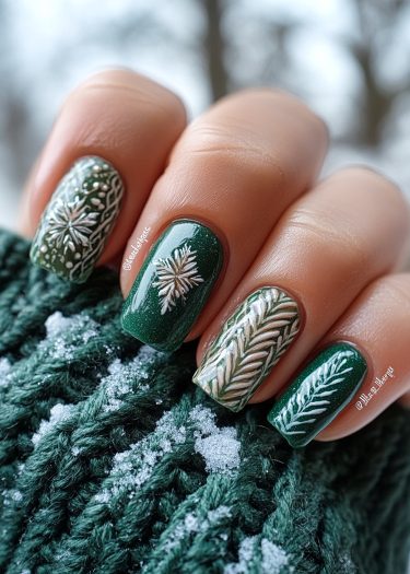 Elegant deep green snowflake nail art with intricate winter designs and cozy knitted background.