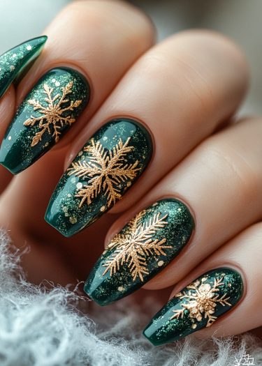 Elegant deep green snowflake nails with golden glitter for a festive winter manicure.