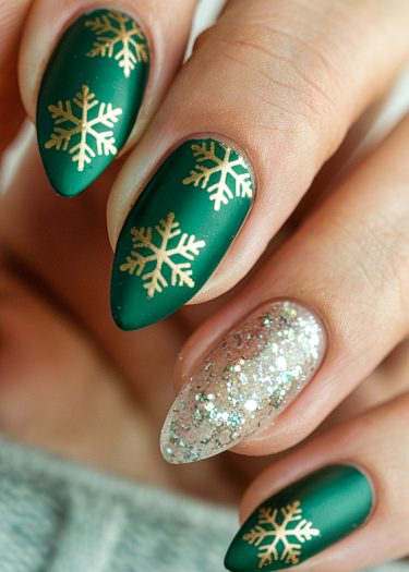 Elegant deep green nails with gold snowflakes and a glittery accent for winter festivities.