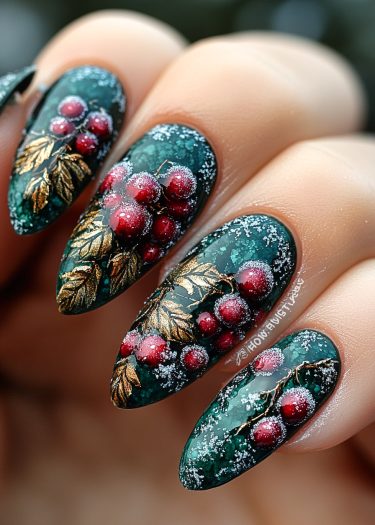 Elegant deep green nail art featuring red berries and golden leaves for a festive winter look.