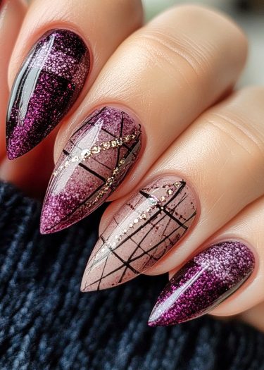 Elegant deep magenta stiletto nails with intricate geometric designs and sparkling glitter accents.