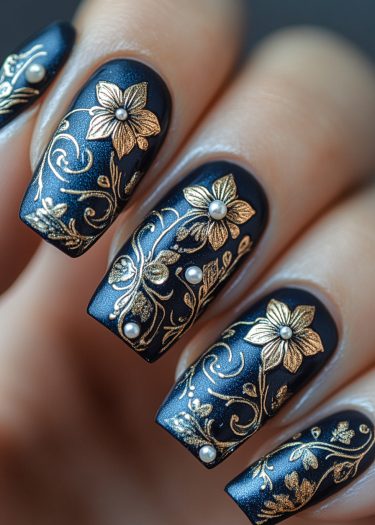 Sophisticated matte black nail art with gold floral designs and pearl embellishments.