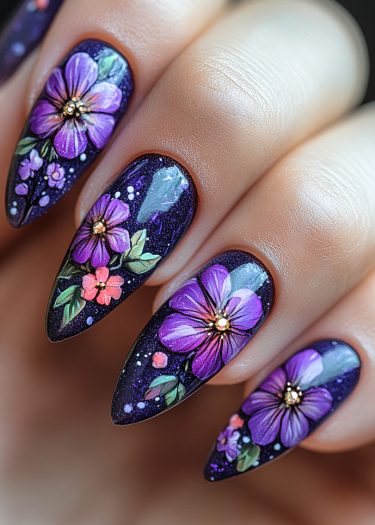 Elegant deep purple floral nail art with cosmic accents and intricate designs for a stunning look.