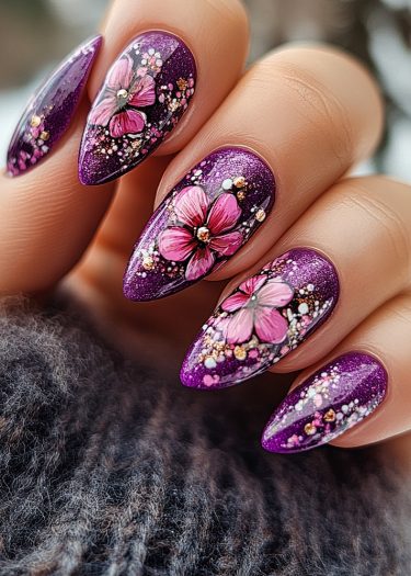 Vibrant deep purple almond nails with intricate pink floral designs and sparkling gems.