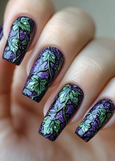 Elegant deep purple nail art with intricate green leaf designs for a sophisticated look.