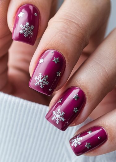 Elegant mauve nails with intricate silver snowflake designs for a festive winter look.