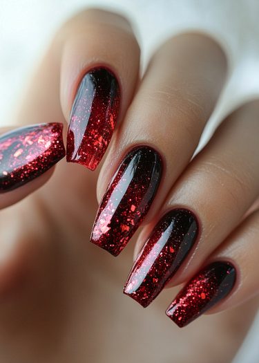 Elegant deep red and black ombré nails with glitter, showcasing luxurious nail art.