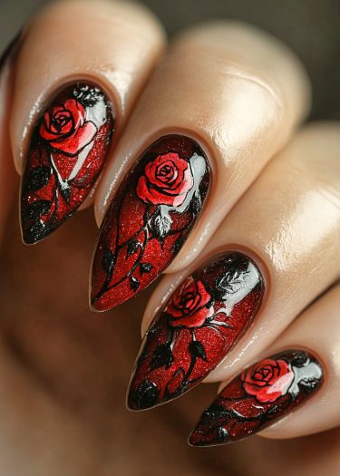 Elegant deep-red rose nail art with black details on glossy almond-shaped nails.