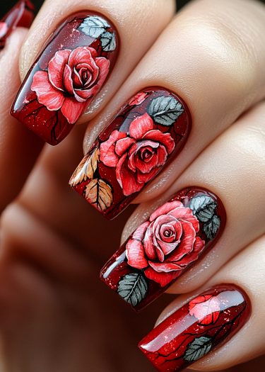 Exquisite deep red rose nail art with intricate floral designs and detailed leaves.