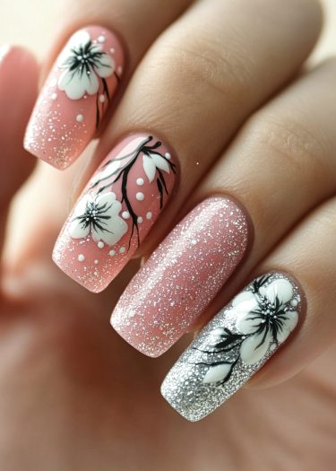 Elegant peach pink nails with floral art and glitter for a stunning manicure.