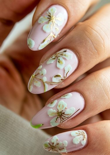 Elegant almond-shaped nails with delicate cherry blossom nail art and pastel pink base.