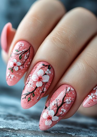 Delicate pink cherry blossom nail art on manicured nails, showcasing elegance and springtime beauty.