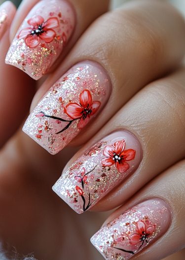 Elegant floral nail art with glitter on manicured nails in soft pink tones.