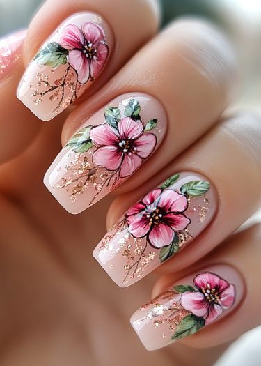 Elegant pink floral nail art featuring intricate designs and delicate gold accents.