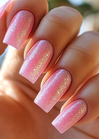 Elegant pastel pink manicure with glitter, showcasing perfectly shaped square nails.