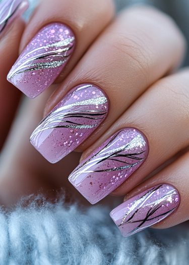 Elegant lavender glitter nails with intricate silver designs in a close-up view.