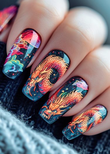 Vibrant dragon nail art with midnight blue background and intricate designs showcasing fantasy elegance.