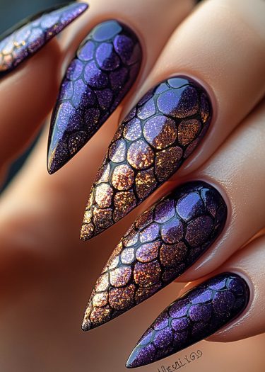 Stunning dragon scale nail art featuring metallic purple and copper stiletto designs.