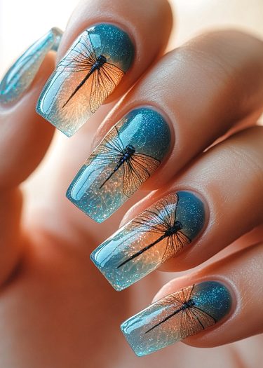 Elegant dragonfly ombre nail art with teal and beige gradient and sparkling glitter accents.