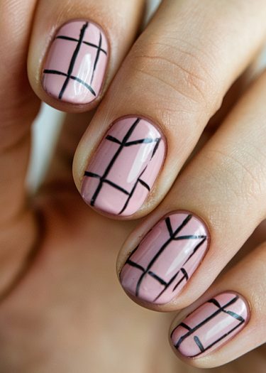 Modern dusty pink geometric nail art with black lines for a chic and elegant look.