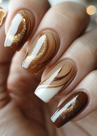 Elegant almond-shaped nails with earthy colors and gold glitter swirls for sophisticated nail art.