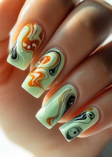 Pastel mint green marble nail art with vibrant orange, black, and white swirls.