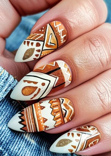 Intricate earthy tribal nail art featuring geometric patterns, autumn colors, and glitter accents.