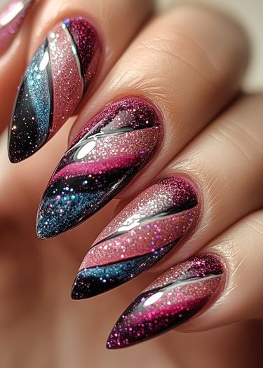 Stunning stiletto nails featuring shimmering pink, blue, and black gradient designs with glitter.