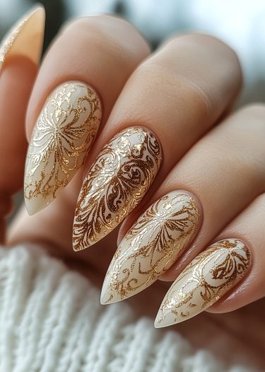 Elegant beige stiletto nails with intricate golden patterns showcase luxurious nail art design.