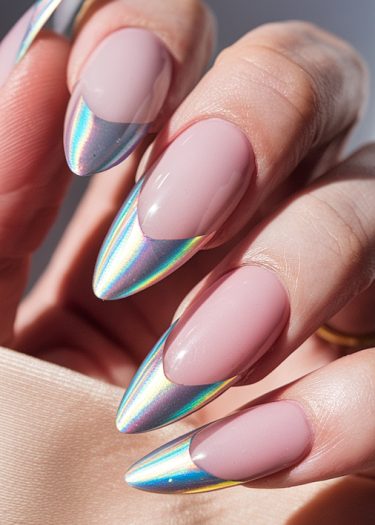 Elegant pastel pink stiletto nails with holographic designs on a soft fabric backdrop.