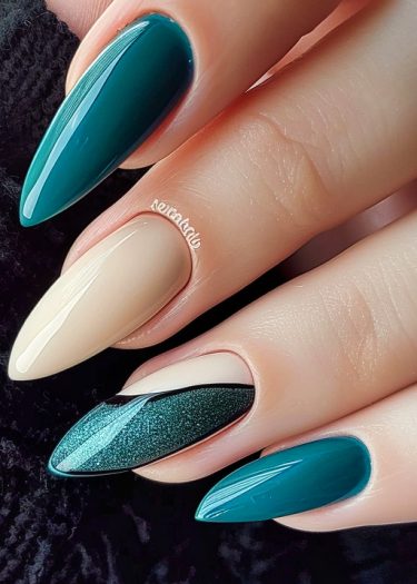 Stylish almond-shaped nail art with vibrant teal and elegant neutral designs for modern sophistication.